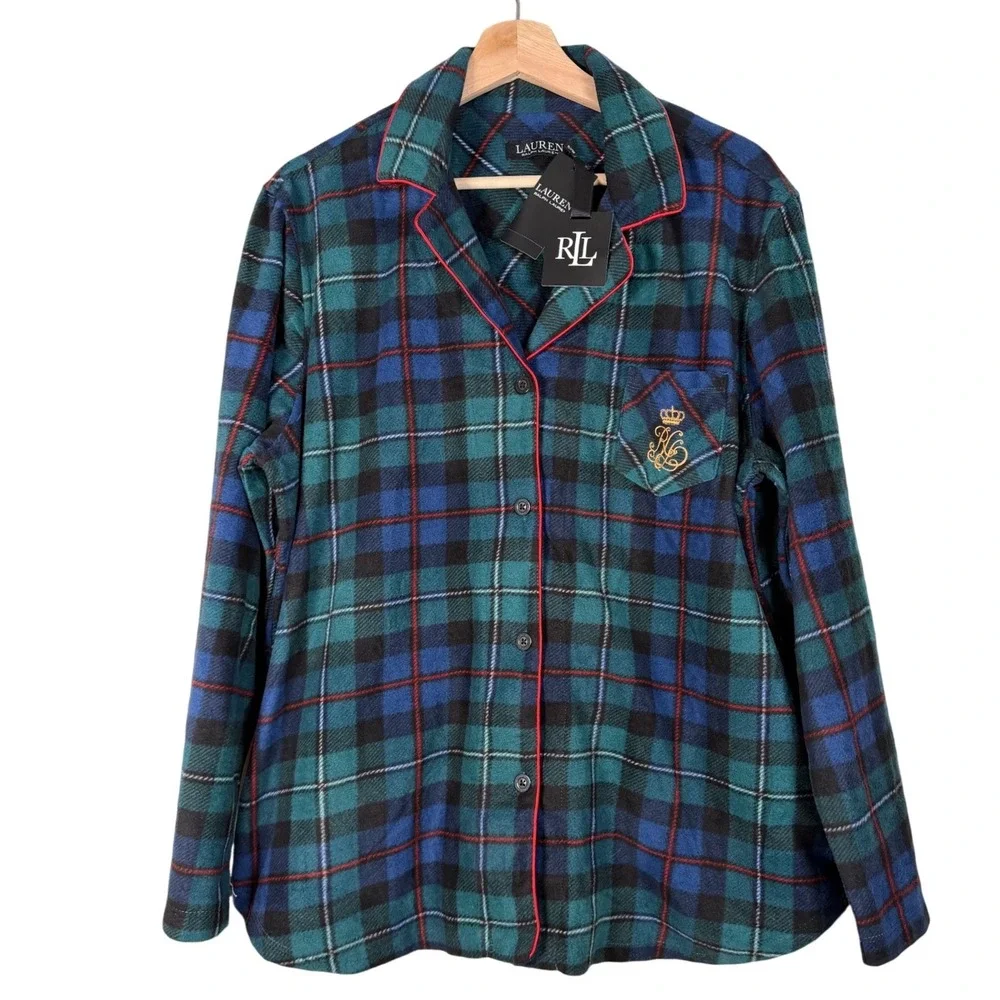 RRL Lauren Ralph‎ Lauren Plaid Flannel Pajama Shirt Top only Embroidered Logo XL